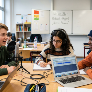 Firefly_Gemini Flash_Candid photo of three teenagers aged 14-16 recording a podcast together in a German m 775907